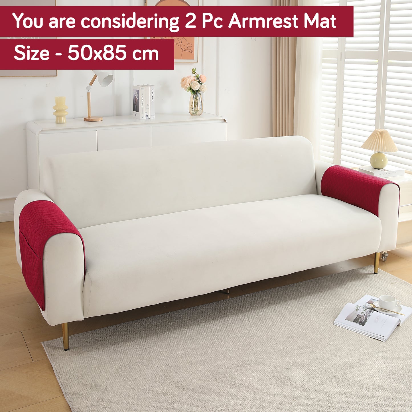 2 Pcs Quilted Sofa Armrest Cover, Maroon