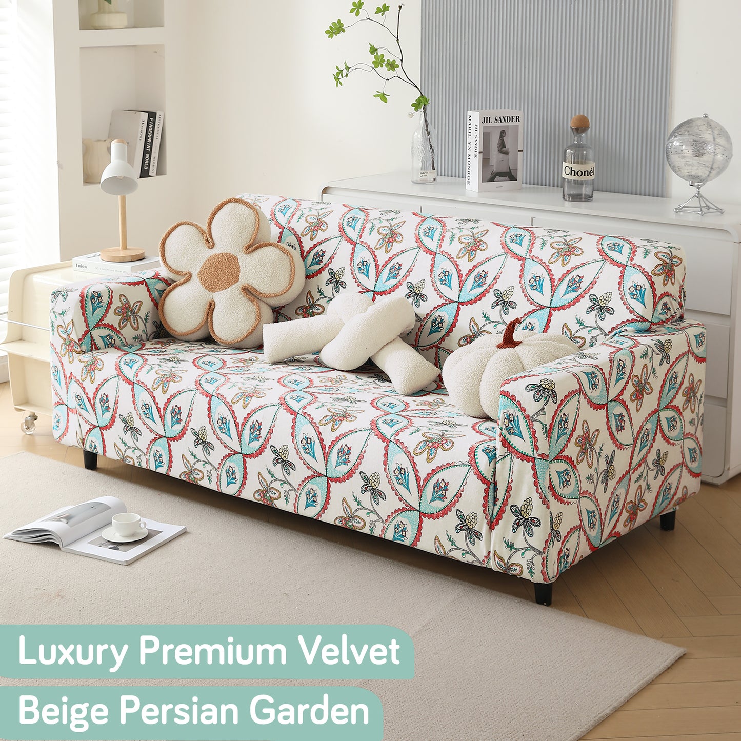Premium Printed Velvet Sofa Cover 1/2/3 Seaters Fully Covered, Beige Persian Garden
