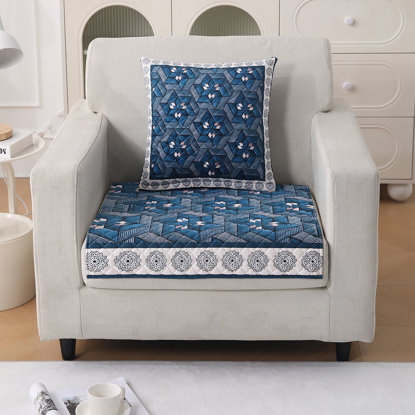 LiefNest Printed Holland Velvet Sofa Mat with Foam Filling - Geometric Floral Oriental Blue for 1/2/3 Seater & Armrest