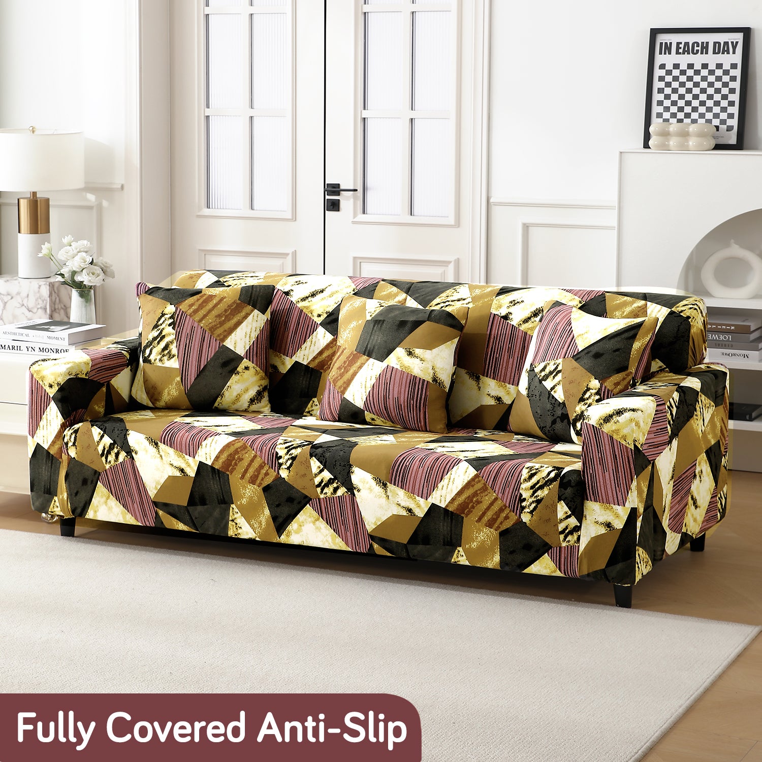 Wine Abstract Geometry Fabric modern non slip elastic stretchable 3 seater sofa covers