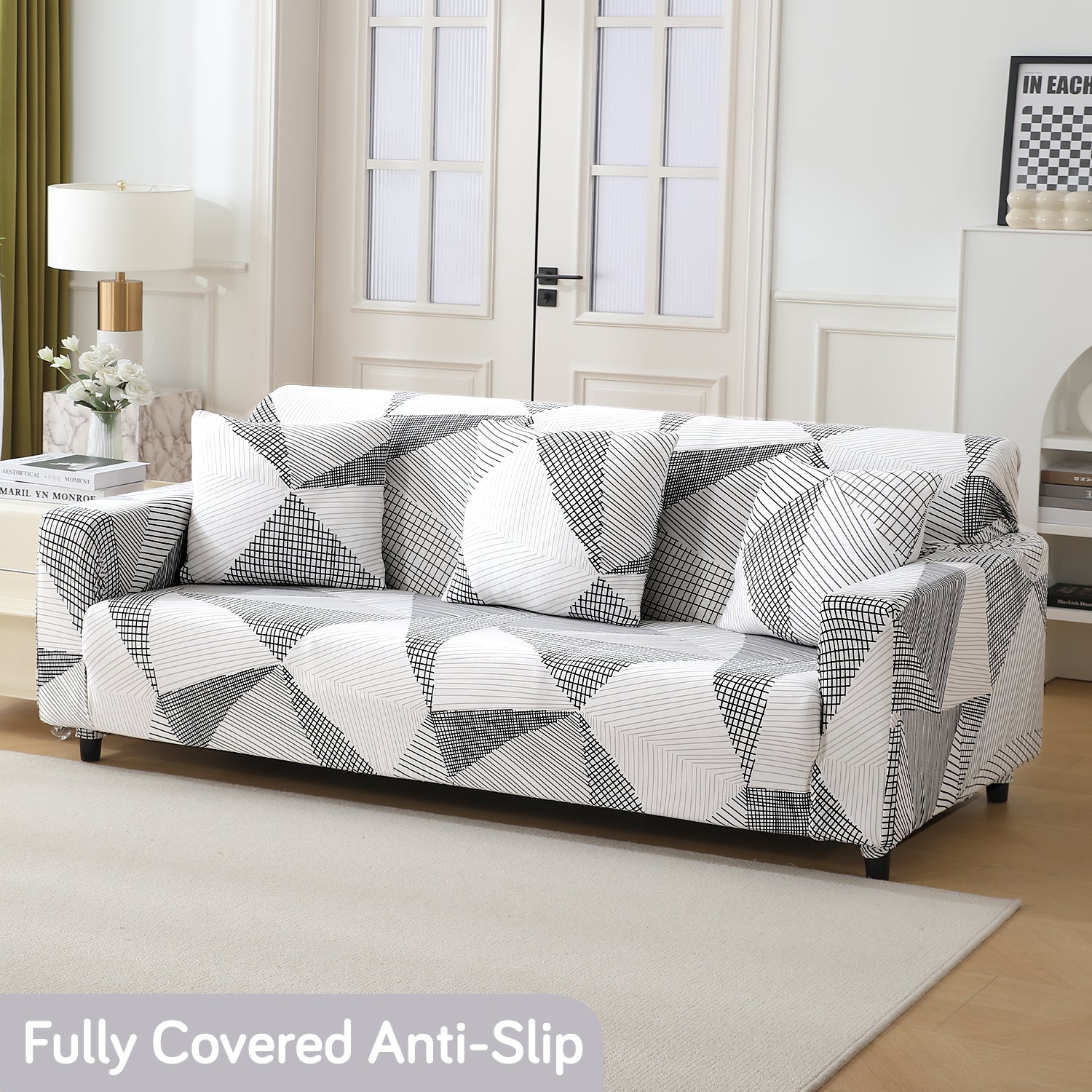 Snow White Black Geometry modern elastic 3 seater sofa covers