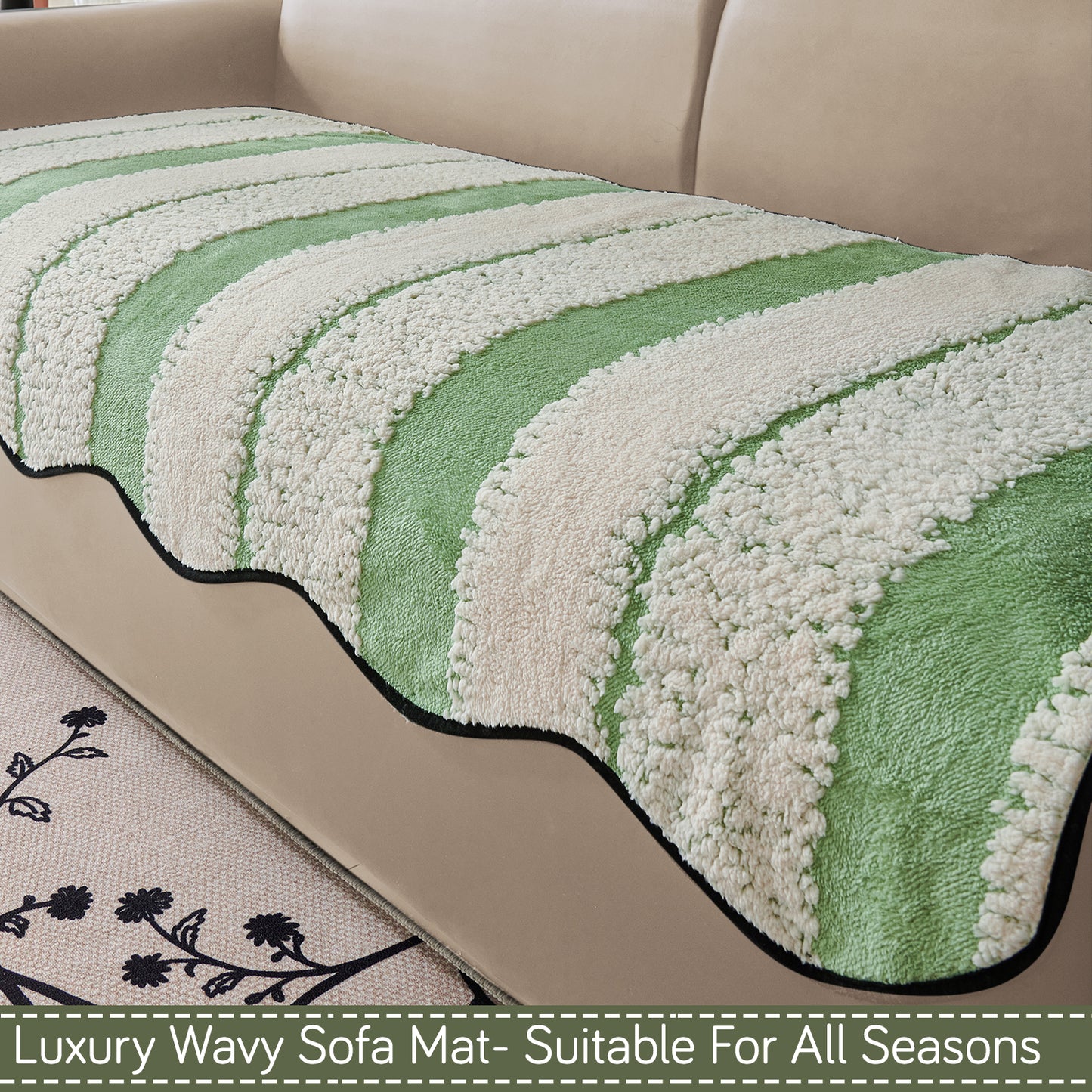 Luxury Wavy Plush Anti-Slip Sofa Cover Mats - Pistachio Green