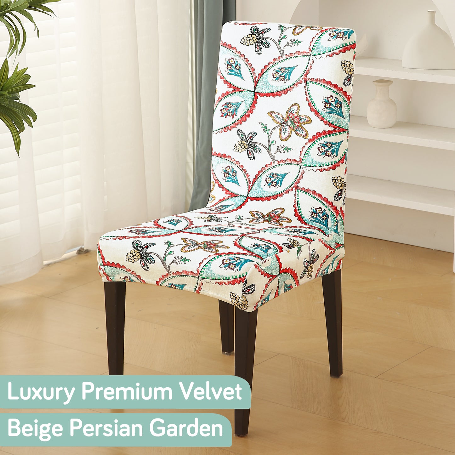Premium Printed Velvet Dining Chair Cover Set, Beige Persian Garden