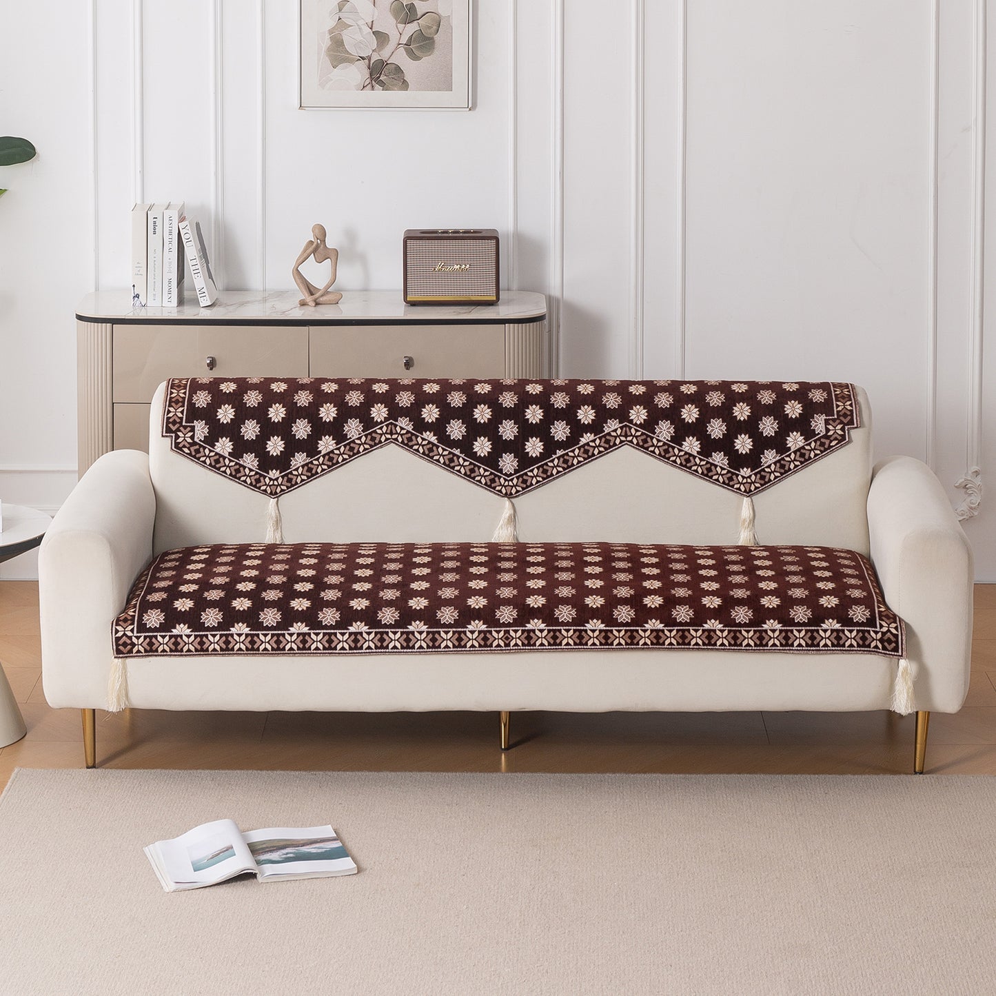 Heritage Weave Premium Jacquard Sofa Cover Set with Tassels - Coffee Brown