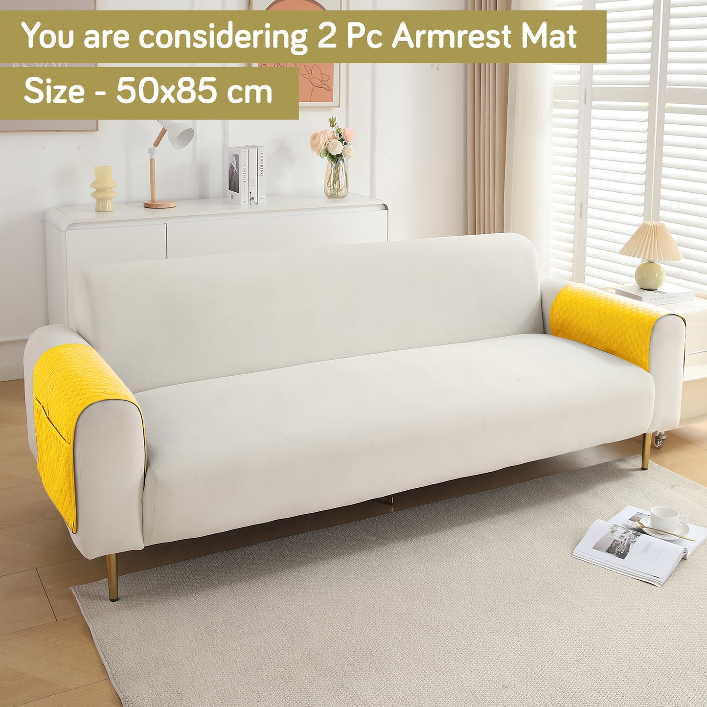 2 Pcs Quilted Sofa Armrest Cover, Yellow