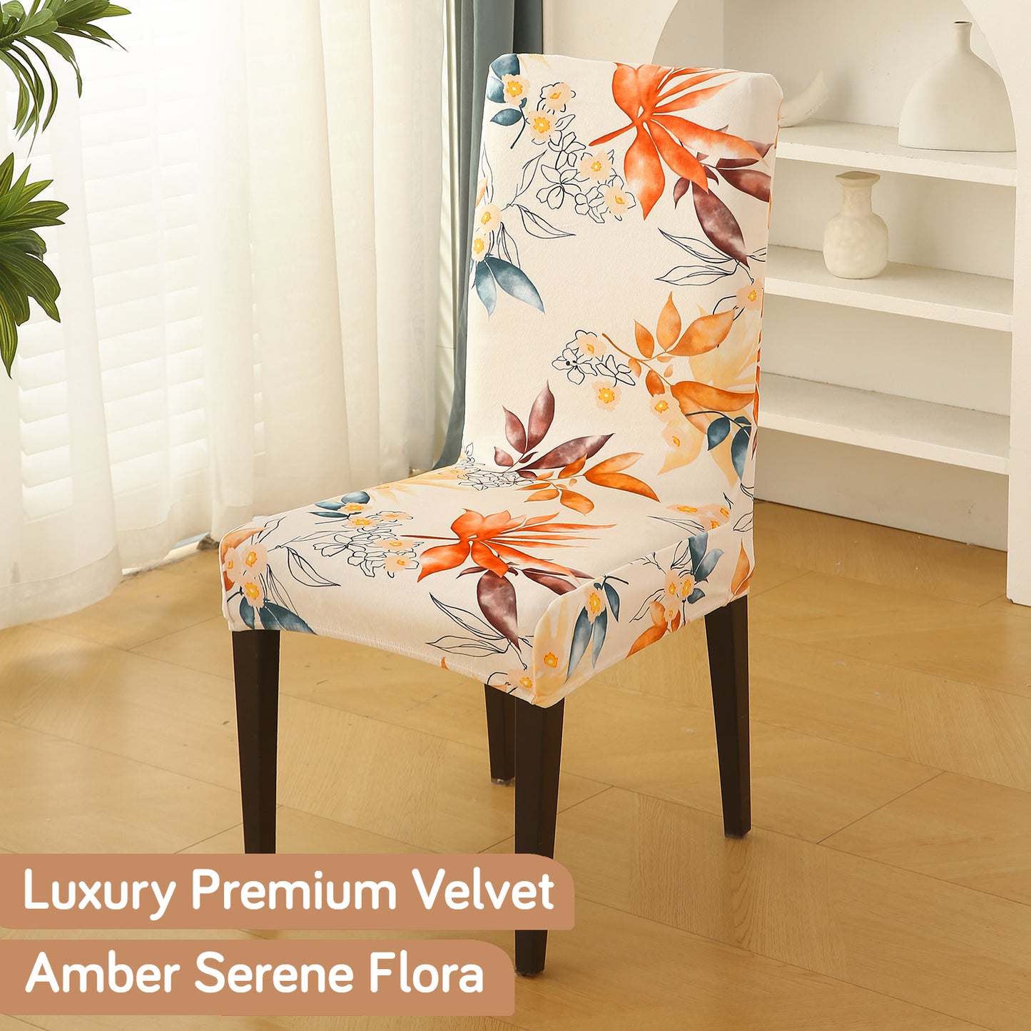 Premium Printed Velvet Dining Chair Cover Set, Amber Serene Flora