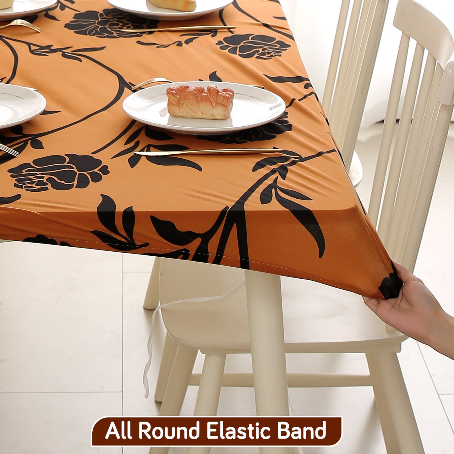 Printed Stretch Fit Water-Repellent & Anti-Slip Table Cloth Cover for 4 Seater / 6 Seater, Copper Brown Floral