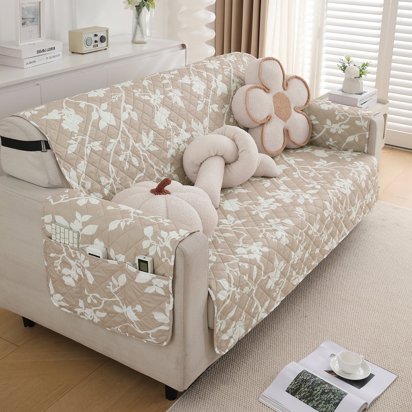 Waterproof & Quick-Dry Quilted Sofa Cover with Pockets on Armrest, Buff Brown Sillehoute Floral