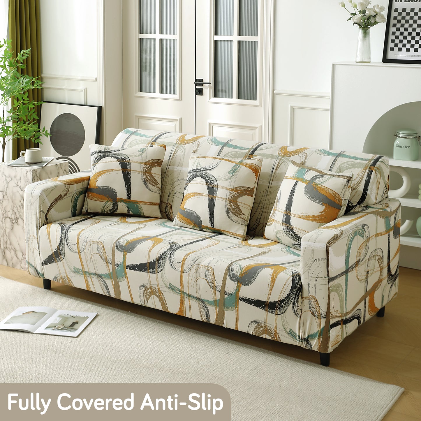 Parchement Beige Abstract Art Printed Polyester non slip elastic 3 seater sofa cover