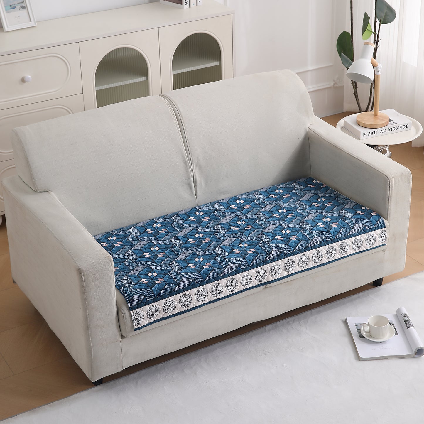 LiefNest Printed Holland Velvet Sofa Mat with Foam Filling - Geometric Floral Oriental Blue for 1/2/3 Seater & Armrest