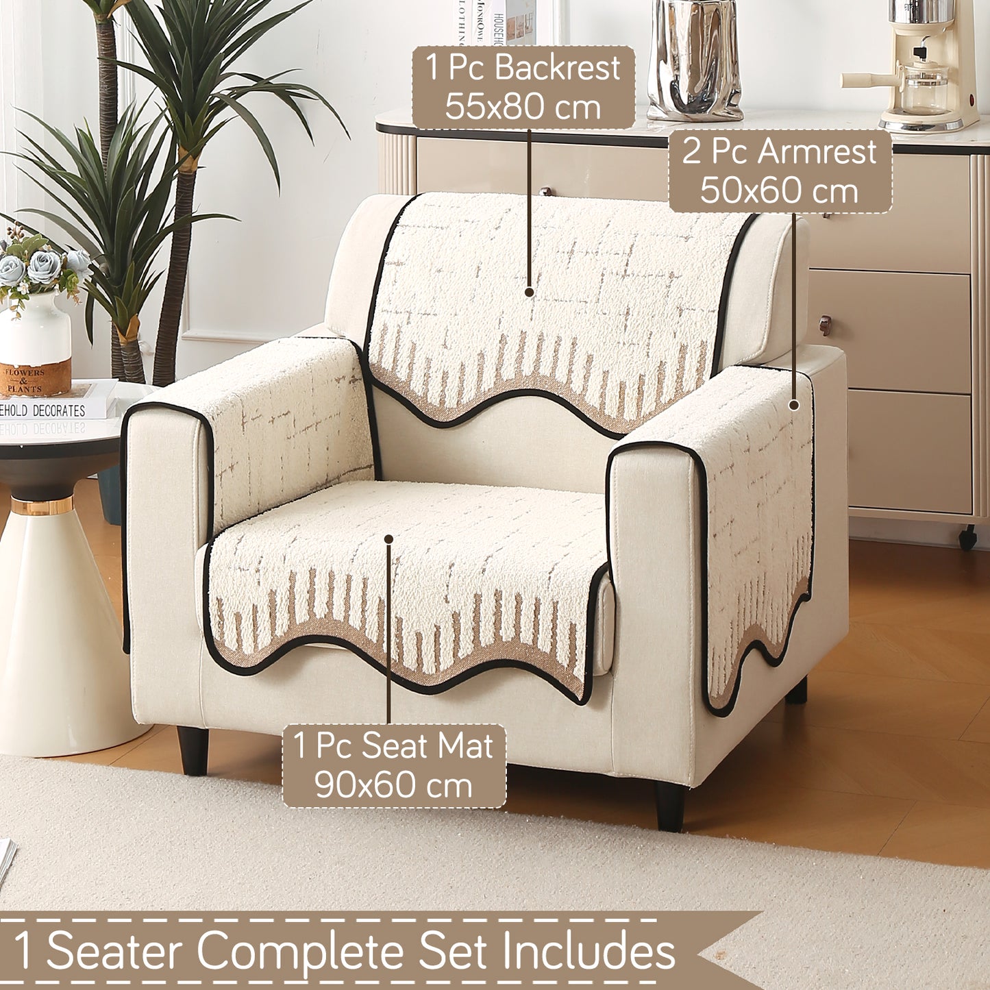 Premium Supple Soft Wavy with Curve Sofa Cover Mat, Cream Brown
