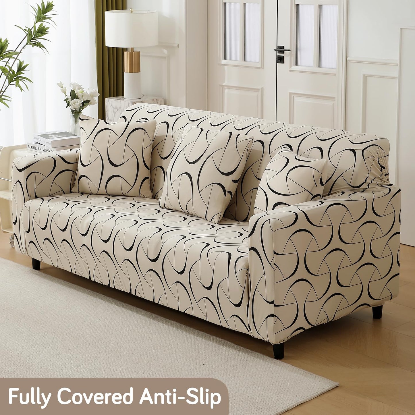 Natural Beige Abstract Art Print modern elastic 3 seater sofa covers
