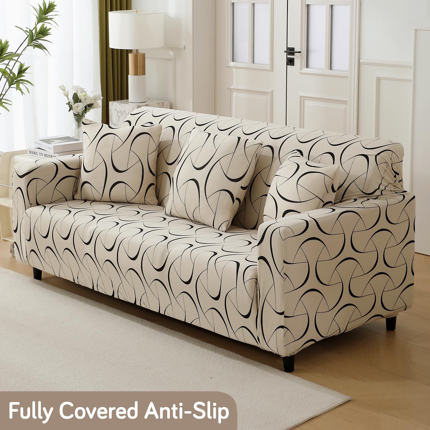 Natural Beige Abstract Art Print modern elastic 3 seater sofa covers