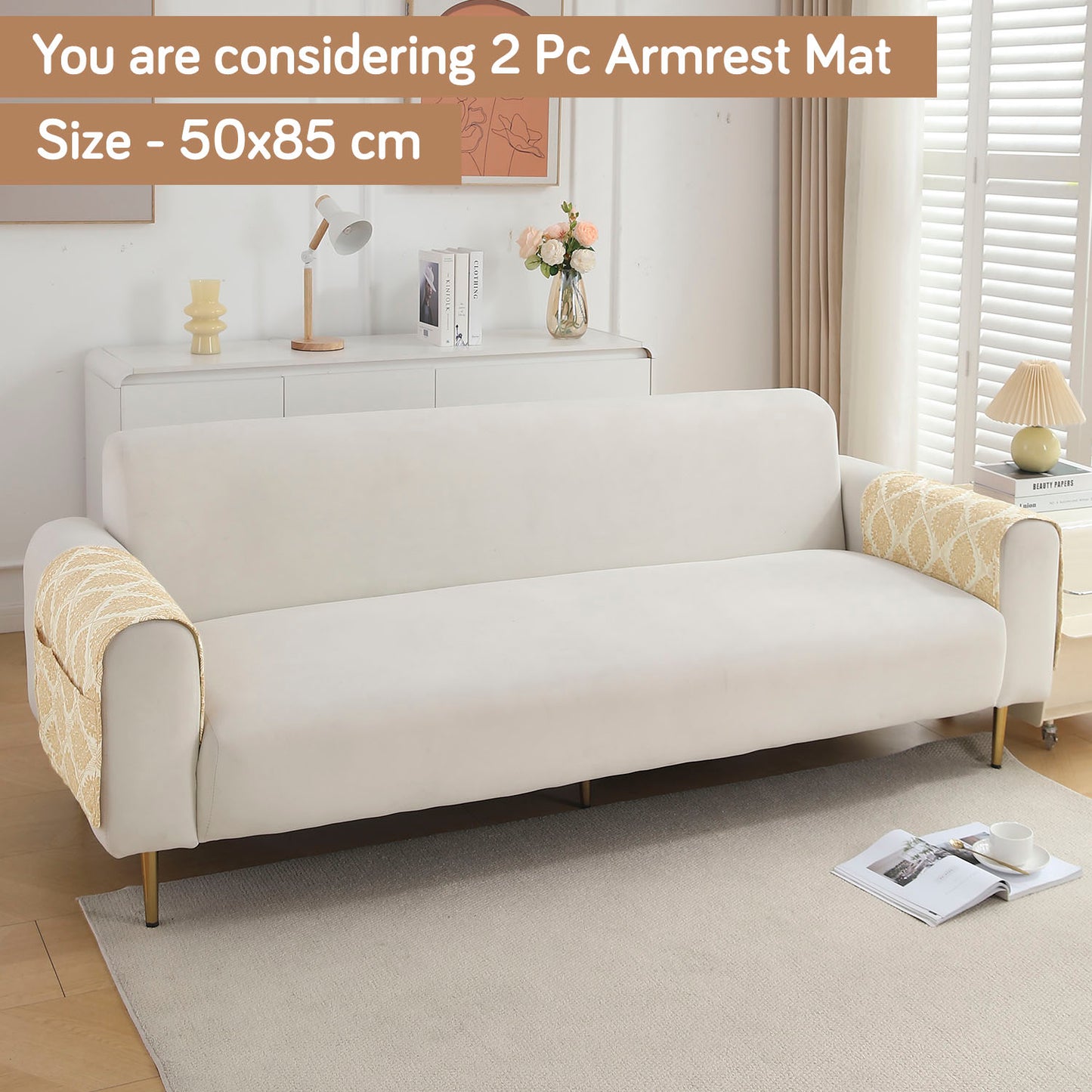 Polyester 2 Pcs Printed Quilted Sofa Armrest Cover, Ogee Ivory
