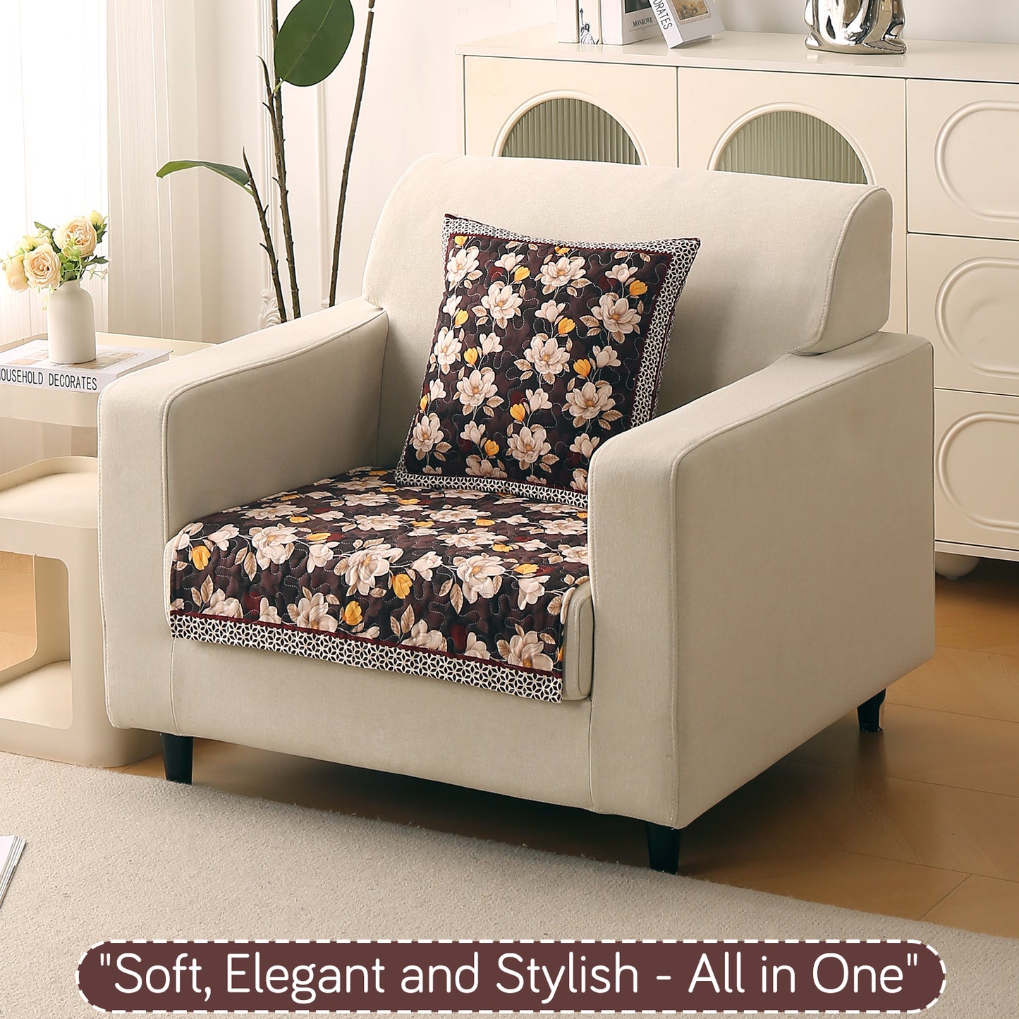 Florentina Series Printed Holland Velvet Sofa Mat - Camellia Brown