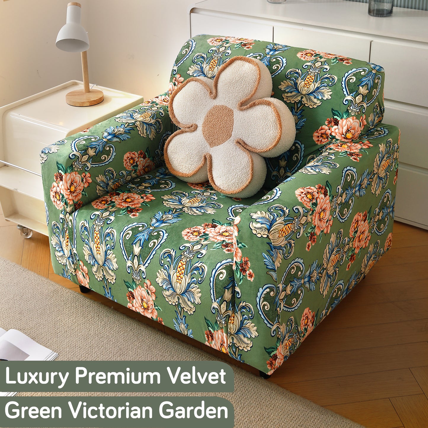 Premium Printed Velvet Sofa Cover 1/2/3 Seaters Fully Covered, Green Victorian Garden