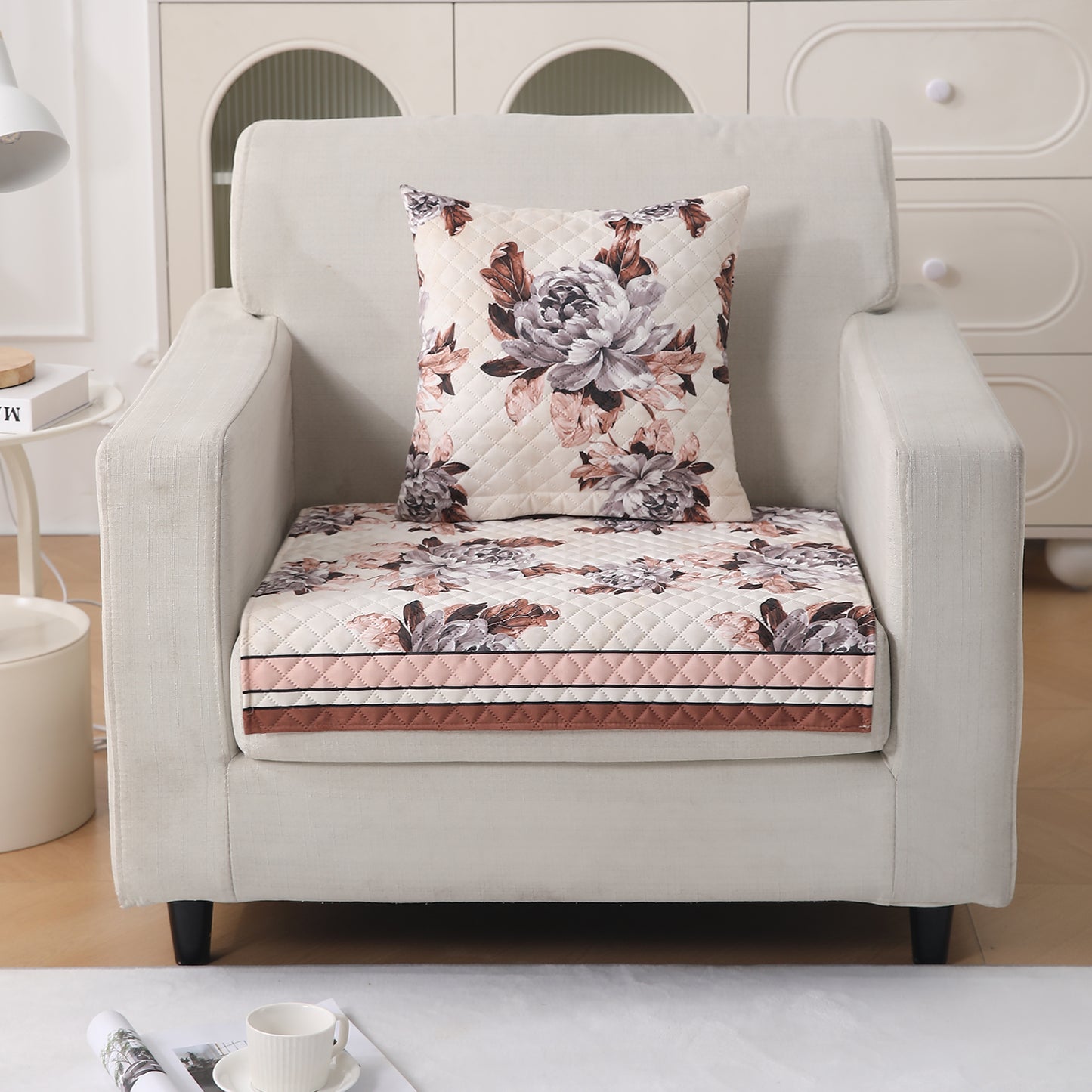 LiefNest Printed Holland Velvet Sofa Mat with Foam Filling - Chrysanthemum Bloom Soft Beige for 1/2/3 Seater & Armrest