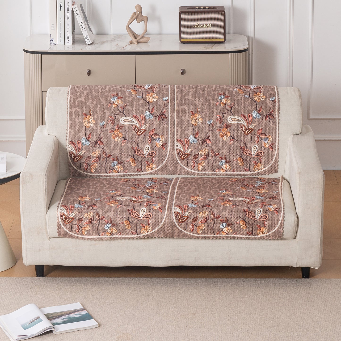 HeavenHue Fleece Soft Touch Quilted Sofa Cover Set Washable Sofa Panel for Seat & Bk - Vintage Bloom