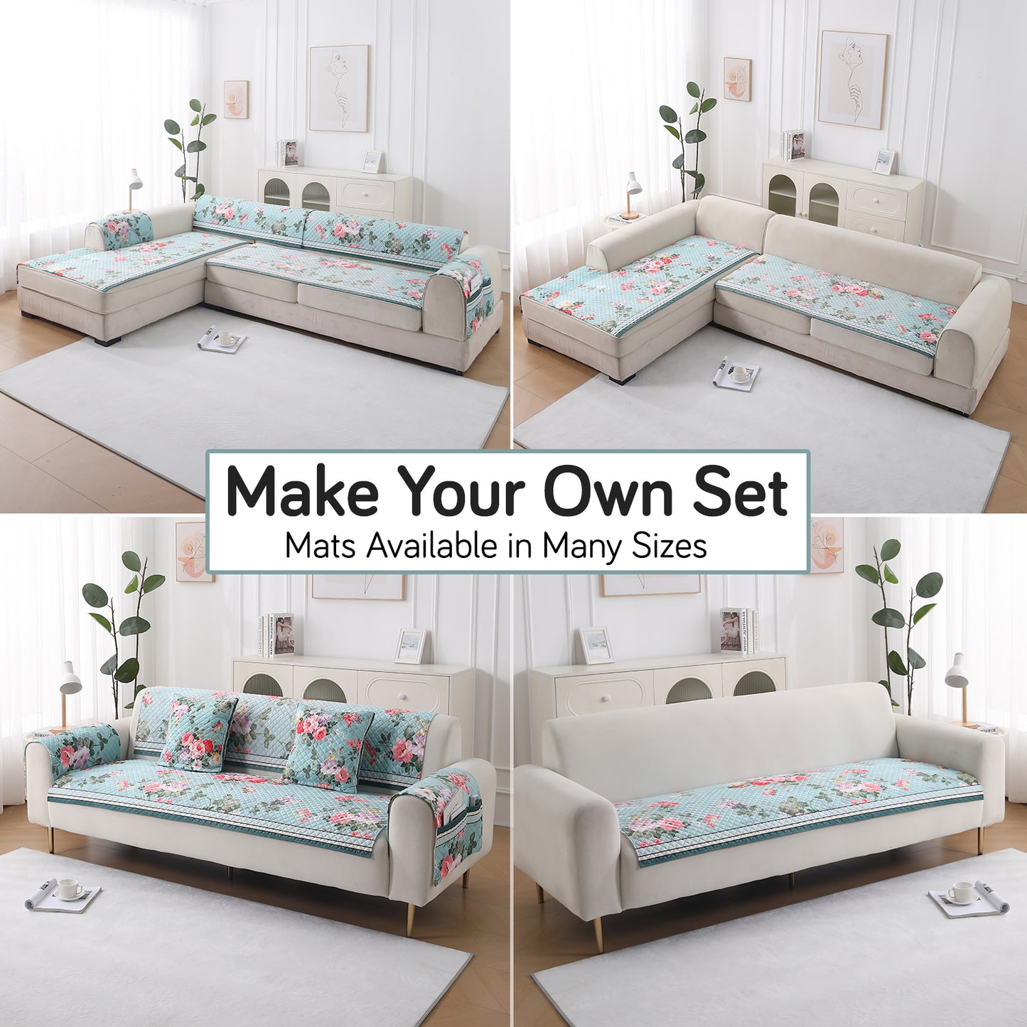 LiefNest Holland Velvet Sofa Cover Mat with Foam Filling - Fresh Floral Pastel Blue