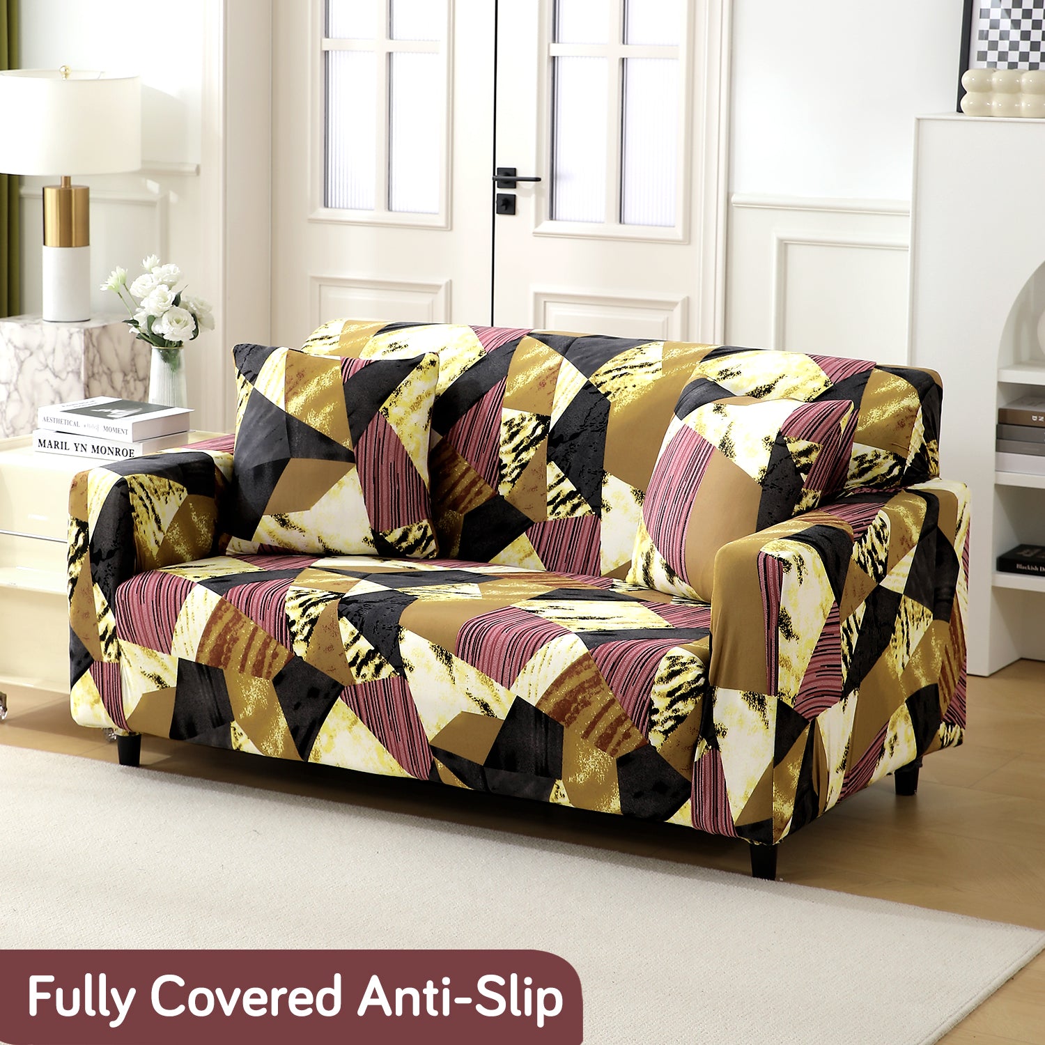 Wine Abstract Geometry Fabric Print Fully fitted elastic 2 seater sofa cover