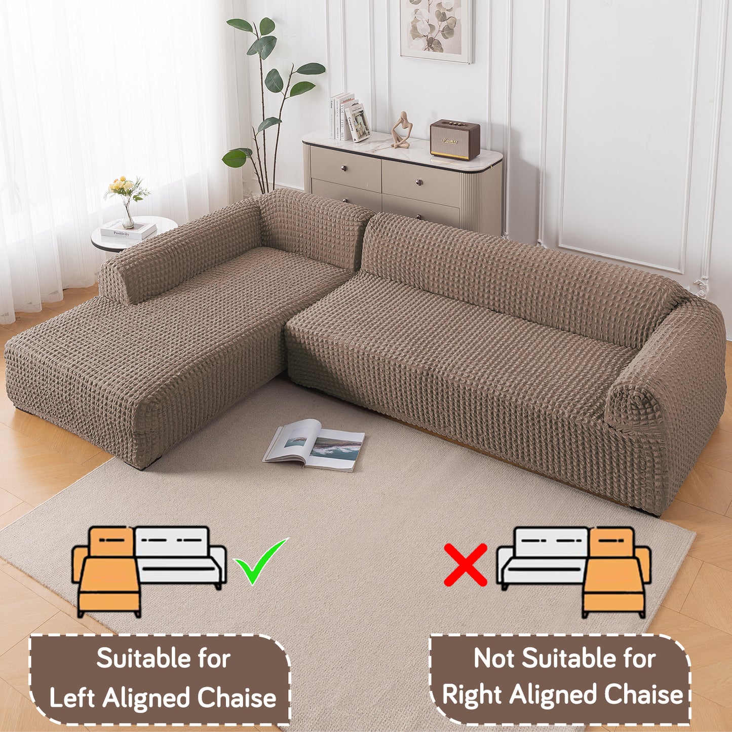 Aria Nova 280 GSM Bubble 2-Piece Stretchable L Shape Sofa Cover with Left Chaise, Mocha Brown