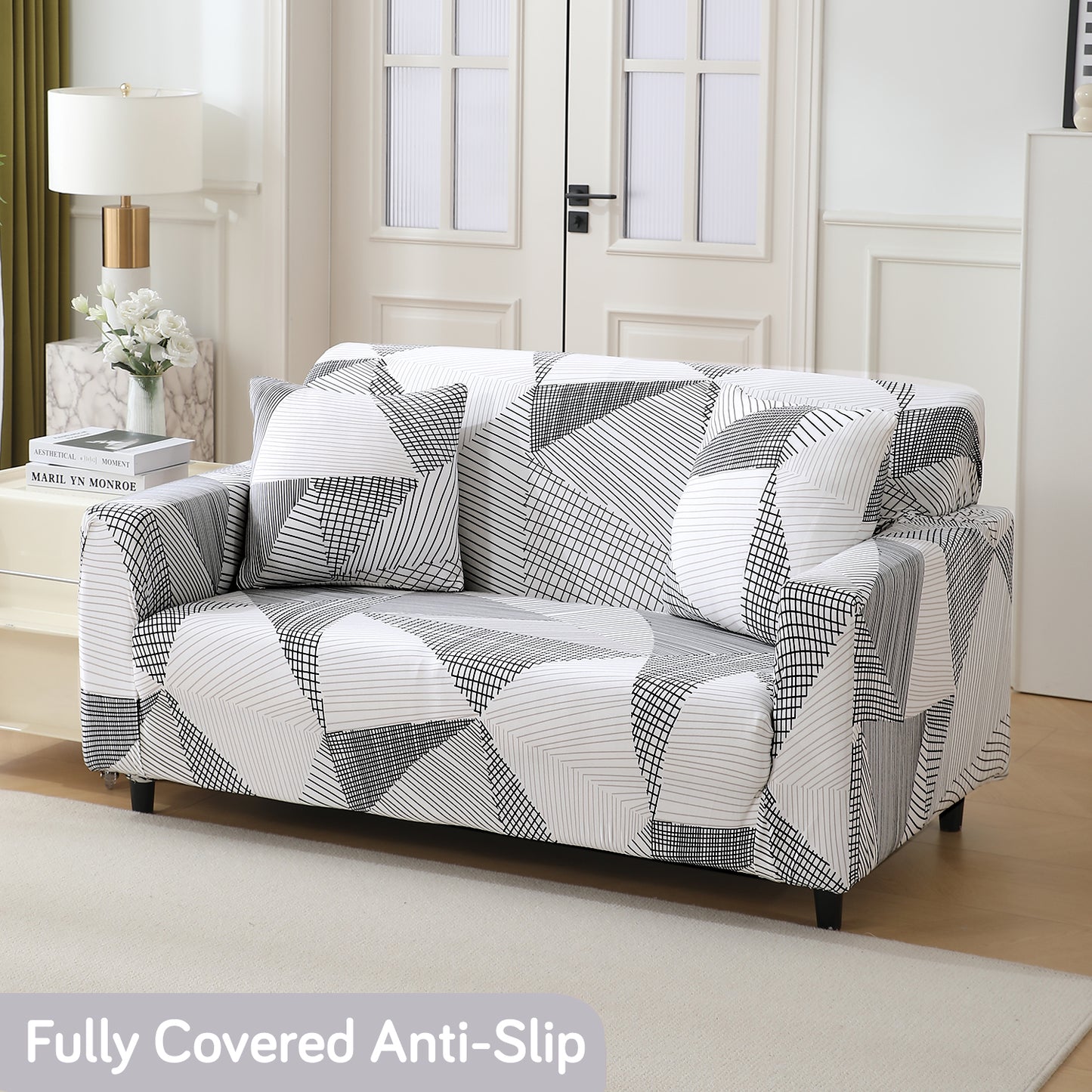 Snow White Black Geometry non slip elastic 2 seater sofa cover