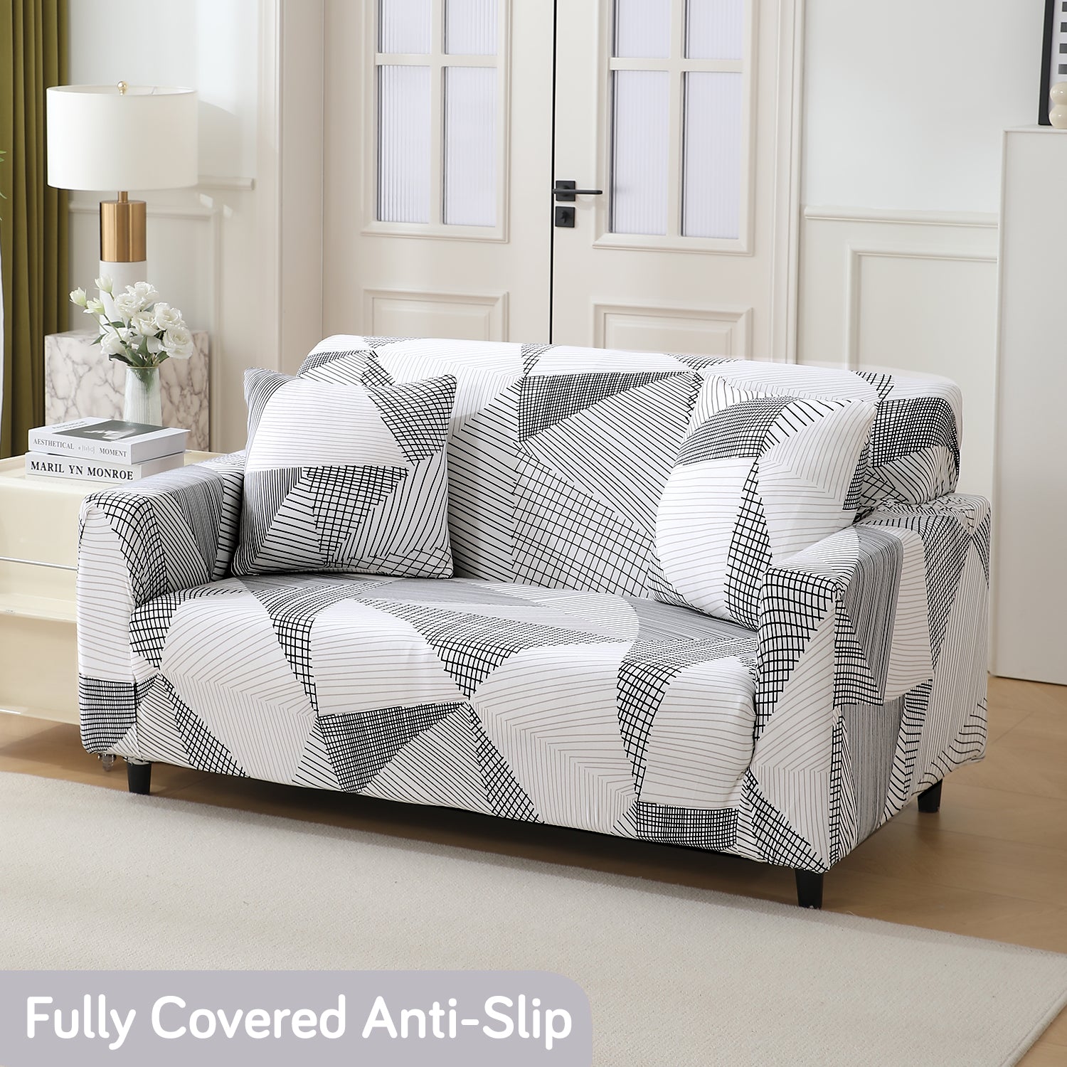 Snow White Black Geometry non slip elastic 2 seater sofa cover