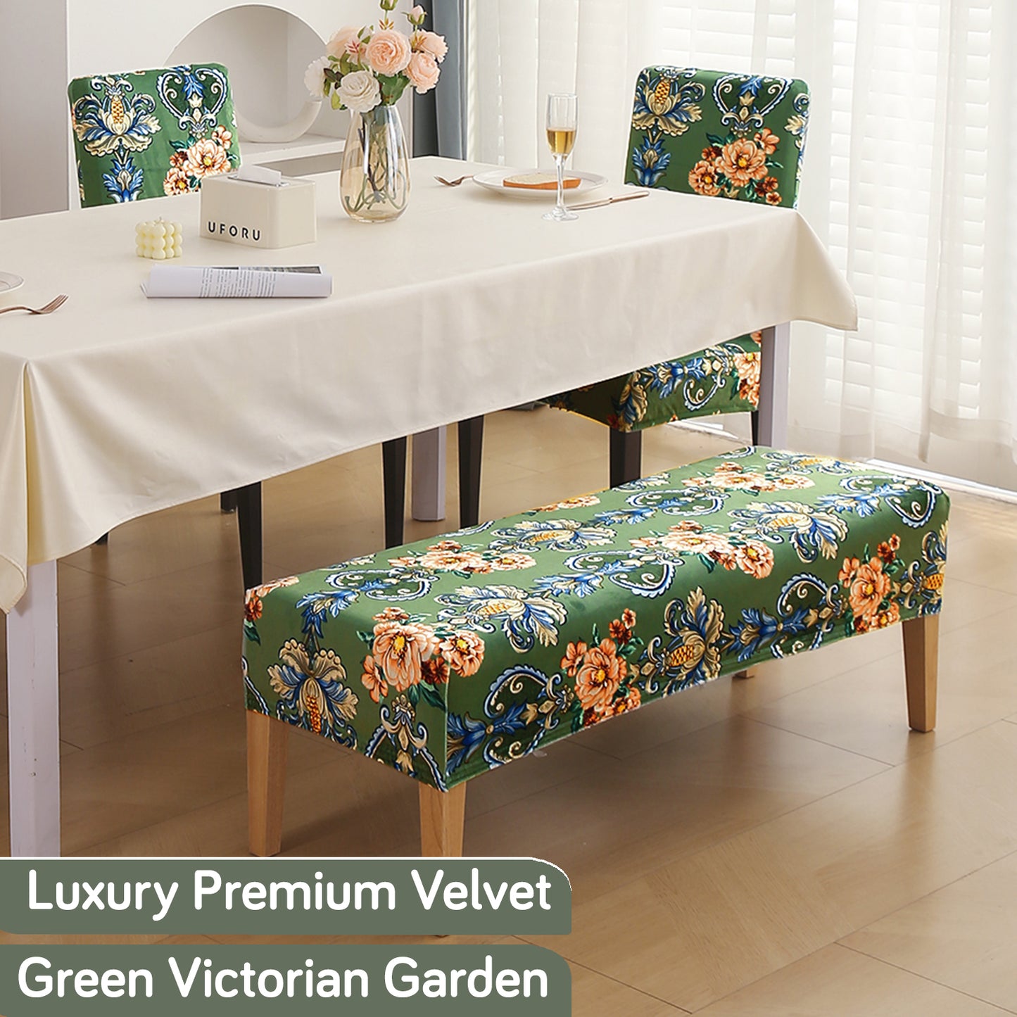 Premium Velvet Cover Set for 4 Dining Chairs + 1 Dining Bench, Green Victorian Garden