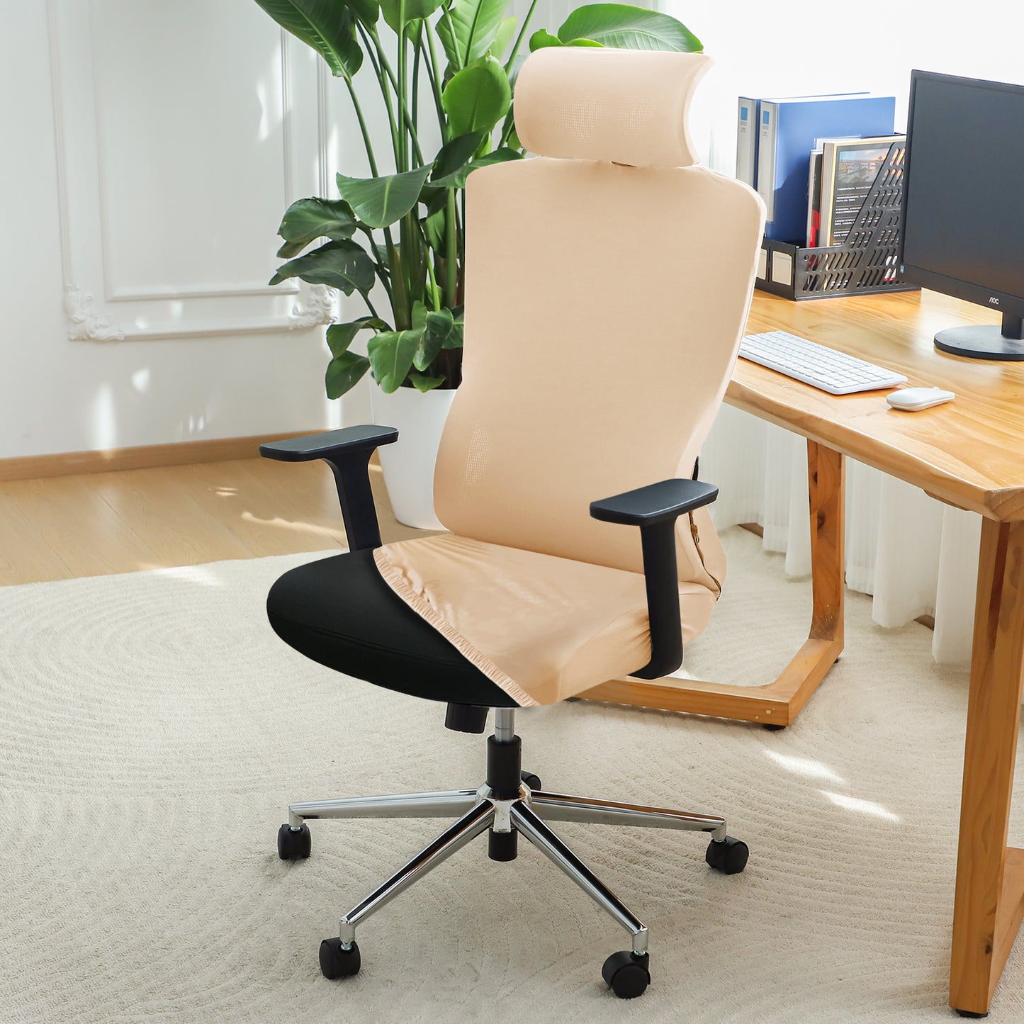 Office Chair Cover with Headrest (High-Back) – 140 GSM Stretch Fabric – Washable, Anti-Slip Fit for Ergonomic Mesh Office Chairs, Beige