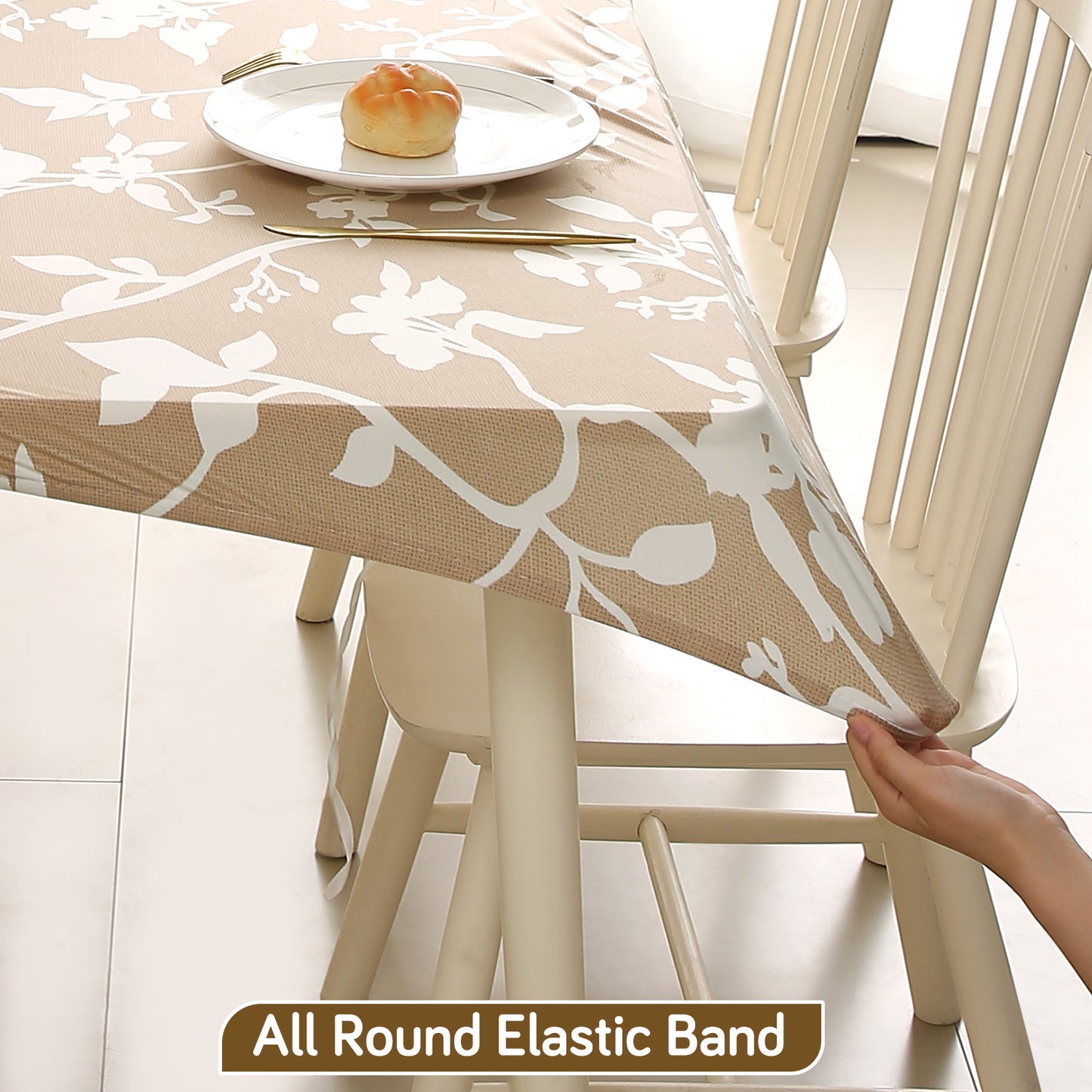 Printed Stretch Fit Water-Repellent & Anti-Slip Table Cloth Cover for 4 Seater / 6 Seater, Buff Brown Sillehoute Floral