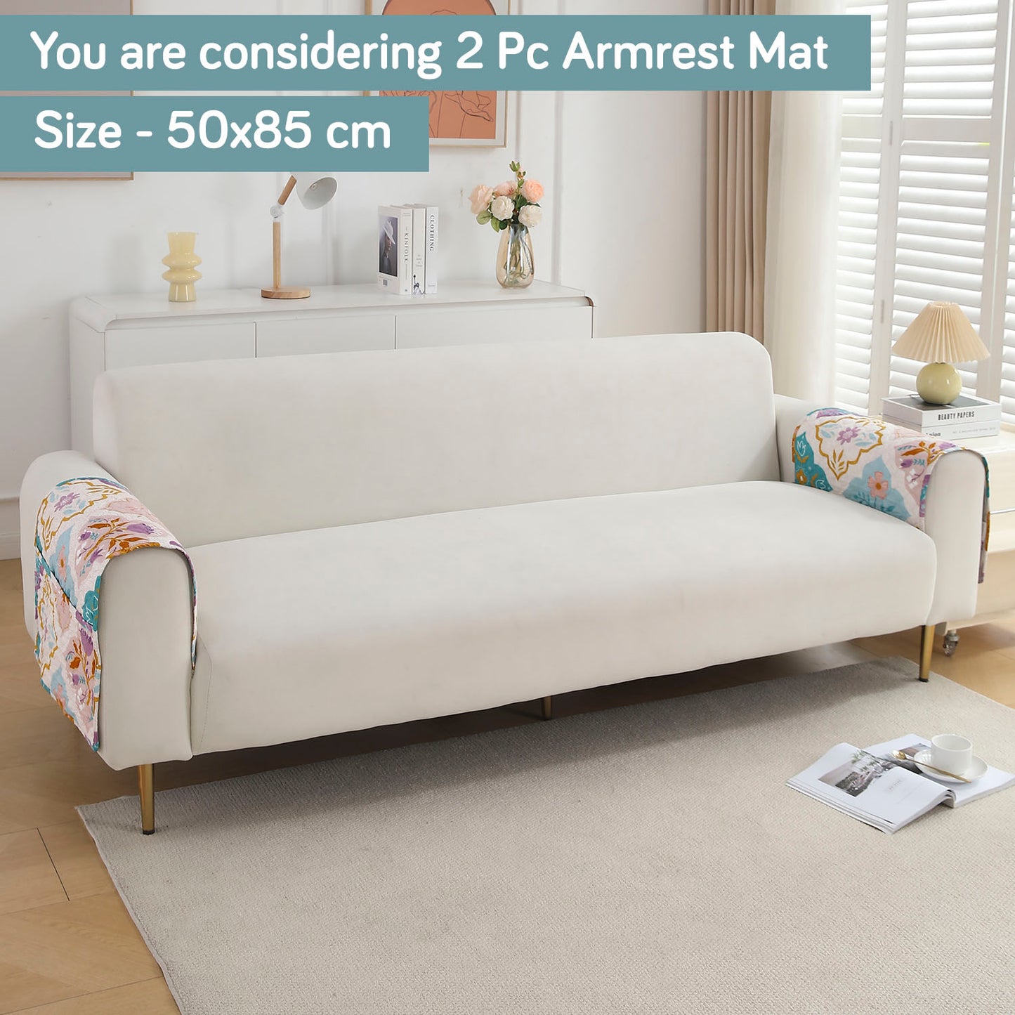 Polyester 2 Pcs Printed Quilted Sofa Armrest Cover, Quatrefoil Multicolor