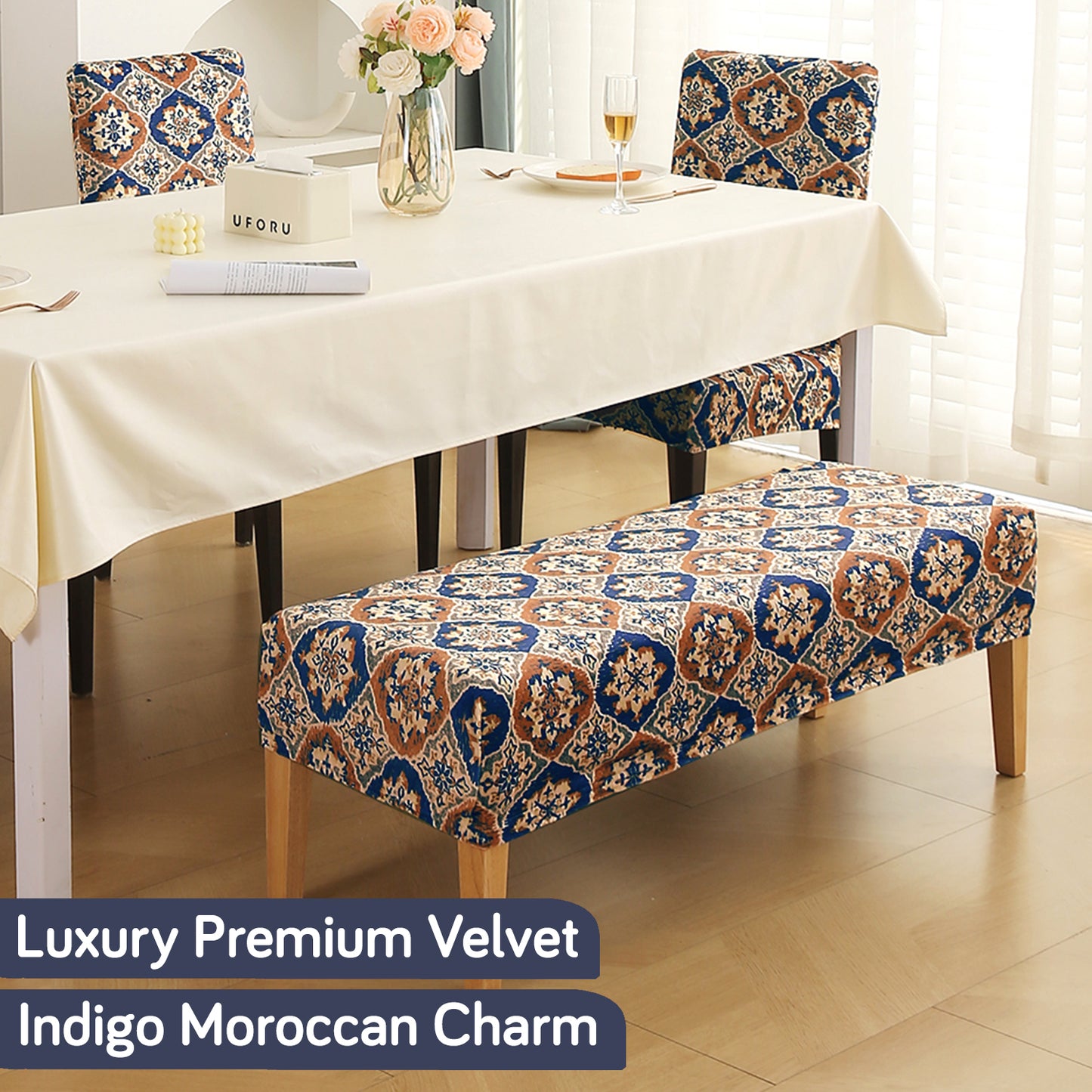 Premium Velvet Cover Set for 4 Dining Chairs + 1 Dining Bench, Indigo Moroccan Charm