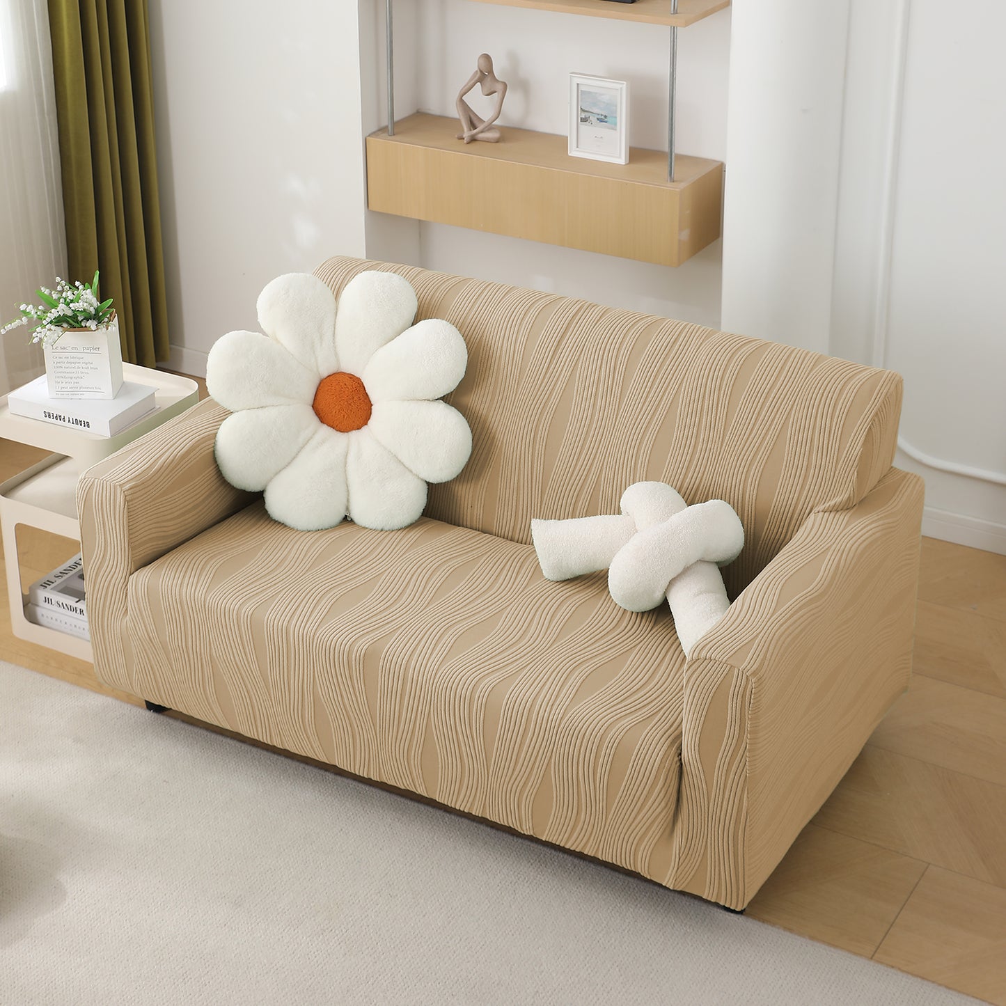 200gsm Knitting Jacquard Sofa Cover 1/2/3/4 Seater Fully Covered, Blush Beige