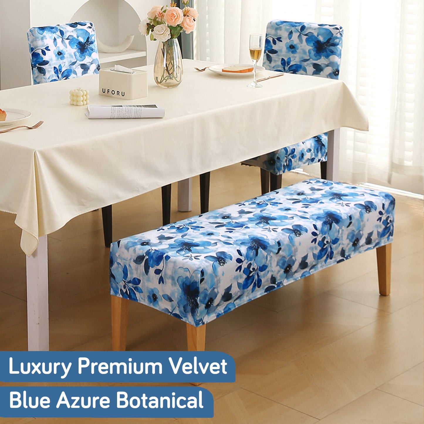 Premium Velvet Cover Set for 4 Dining Chairs + 1 Dining Bench, Blue Azure Botanical