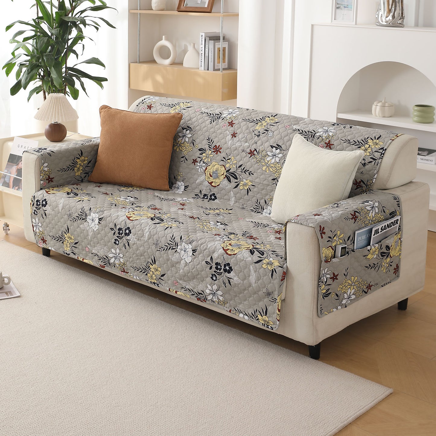 modern design Floral Ash Grey Printed quilted elegant 2 seater sofa cover