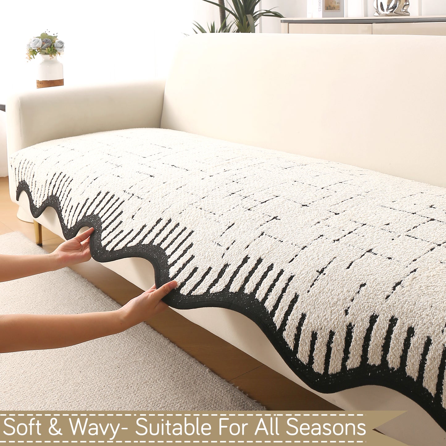 Premium Supple Soft Wavy with Curve Sofa Cover Mat, Off-White
