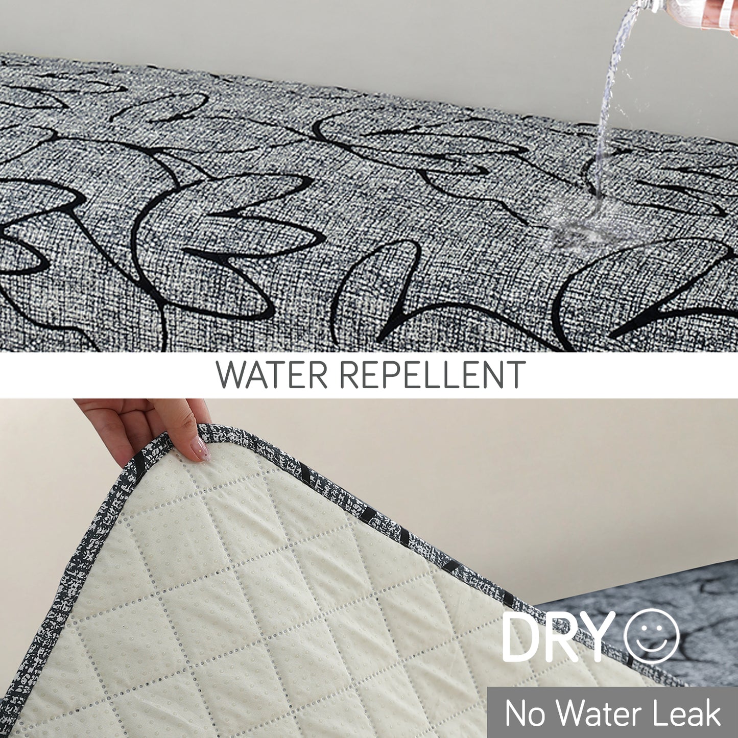 HOKIPO Water Repellent + Waterproof Quilted Sofa Mats, Intense Grey Abstract Floral