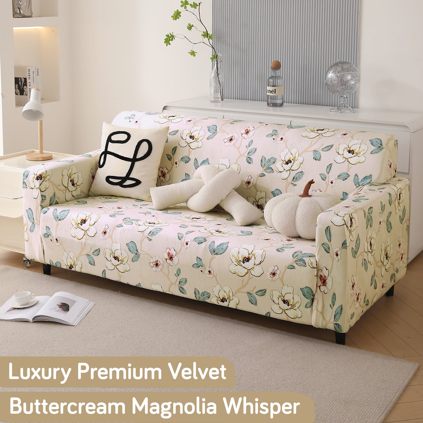 Premium Printed Velvet Sofa Cover 1/2/3 Seaters Fully Covered, Buttercream Magnolia Whisper