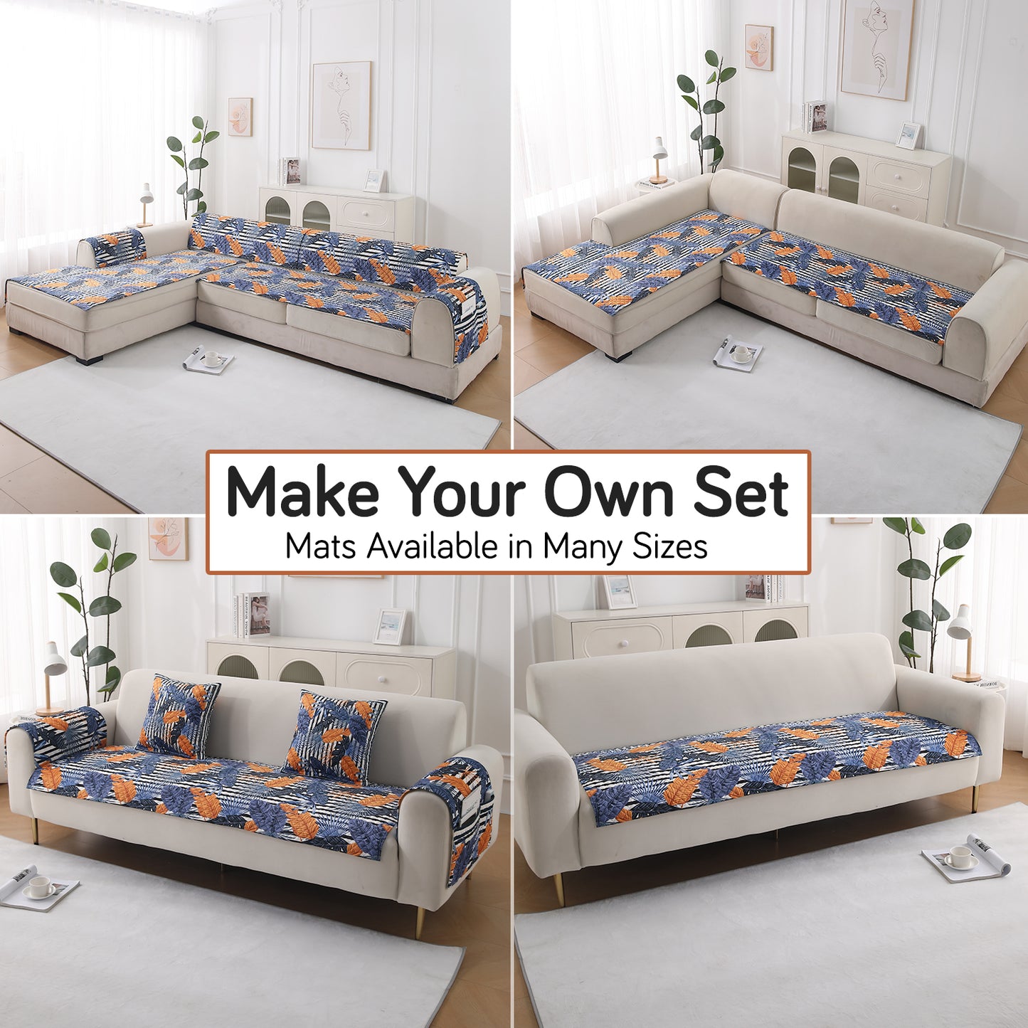 LiefNest Holland Velvet Sofa Cover Mat with Foam Filling - Tropical Leaves Dusk Blue