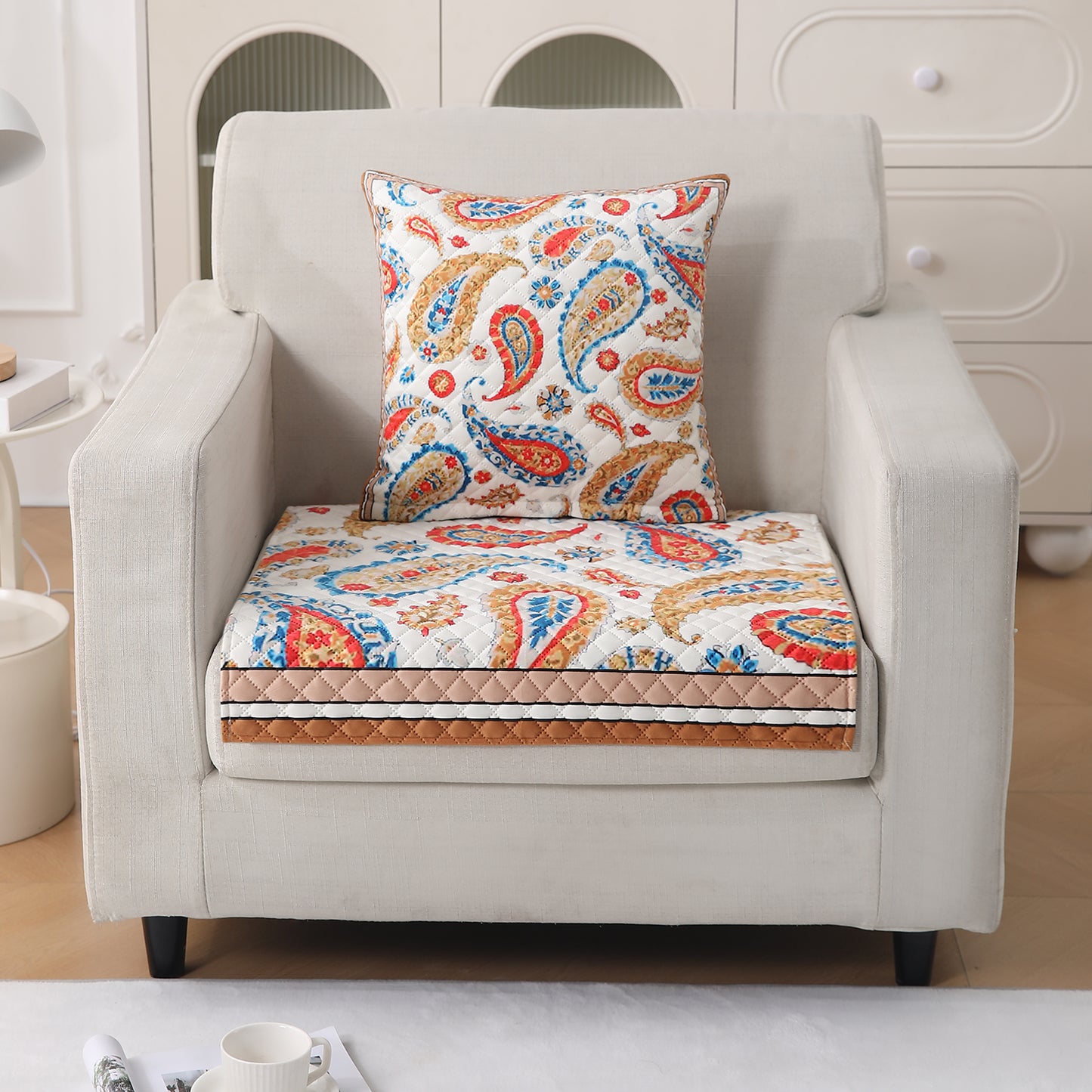 LiefNest Printed Holland Velvet Sofa Mat with Foam Filling - Paisley Multicolor for 1/2/3 Seater & Armrest