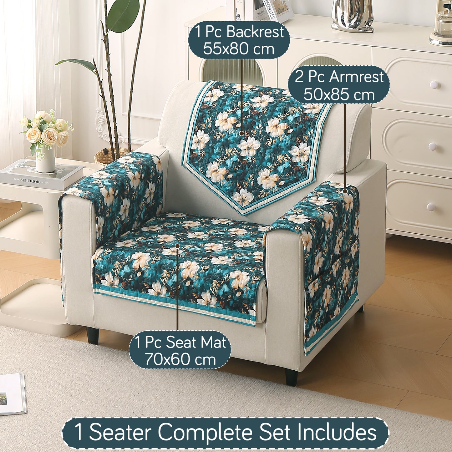 Florentina Series Printed Holland Velvet Sofa Mat - Pansies Teal