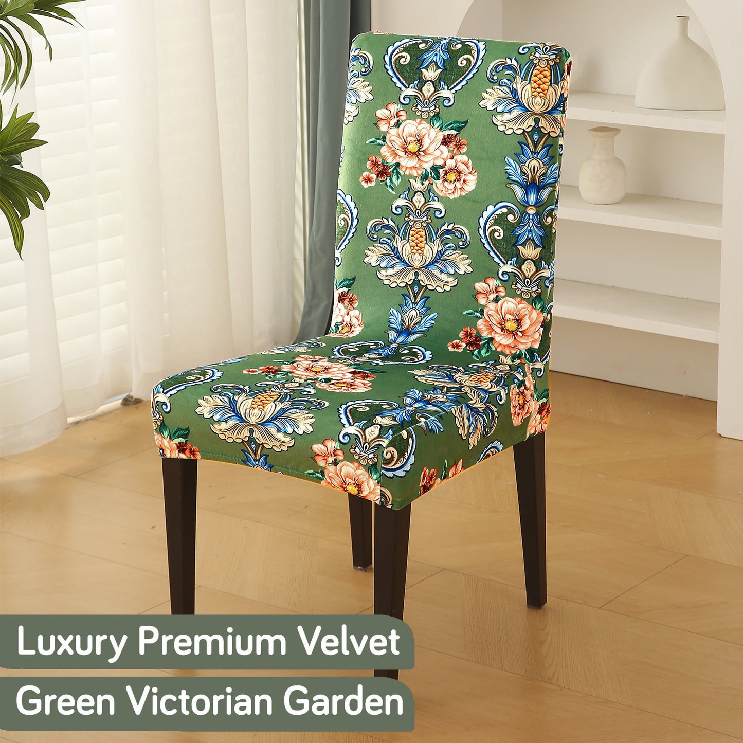 Premium Printed Velvet Dining Chair Cover Set, Green Victorian Garden