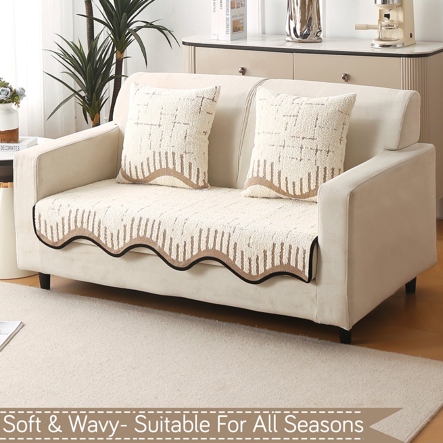 Premium Supple Soft Wavy with Curve Sofa Cover Mat, Cream Brown