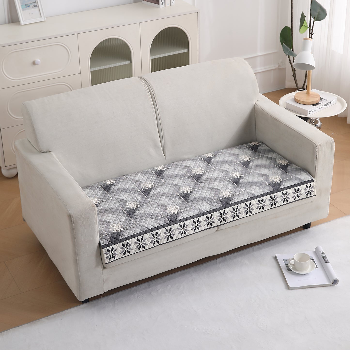 LiefNest Printed Holland Velvet Sofa Mat with Foam Filling - Snowflakes Gradient Grey for 1/2/3 Seater & Armrest