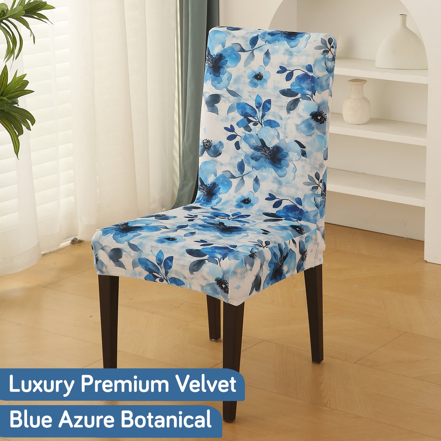 Premium Printed Velvet Dining Chair Cover Set, Blue Azure Botanical