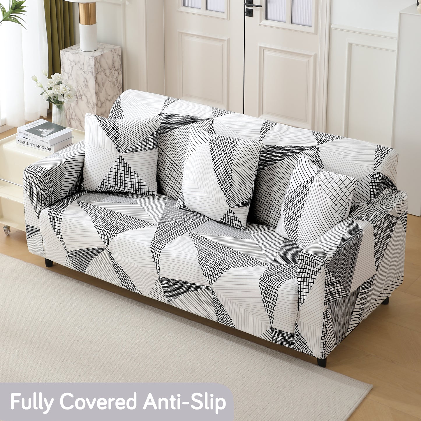 Snow White Black Geometry non slip elastic 3 seater sofa cover