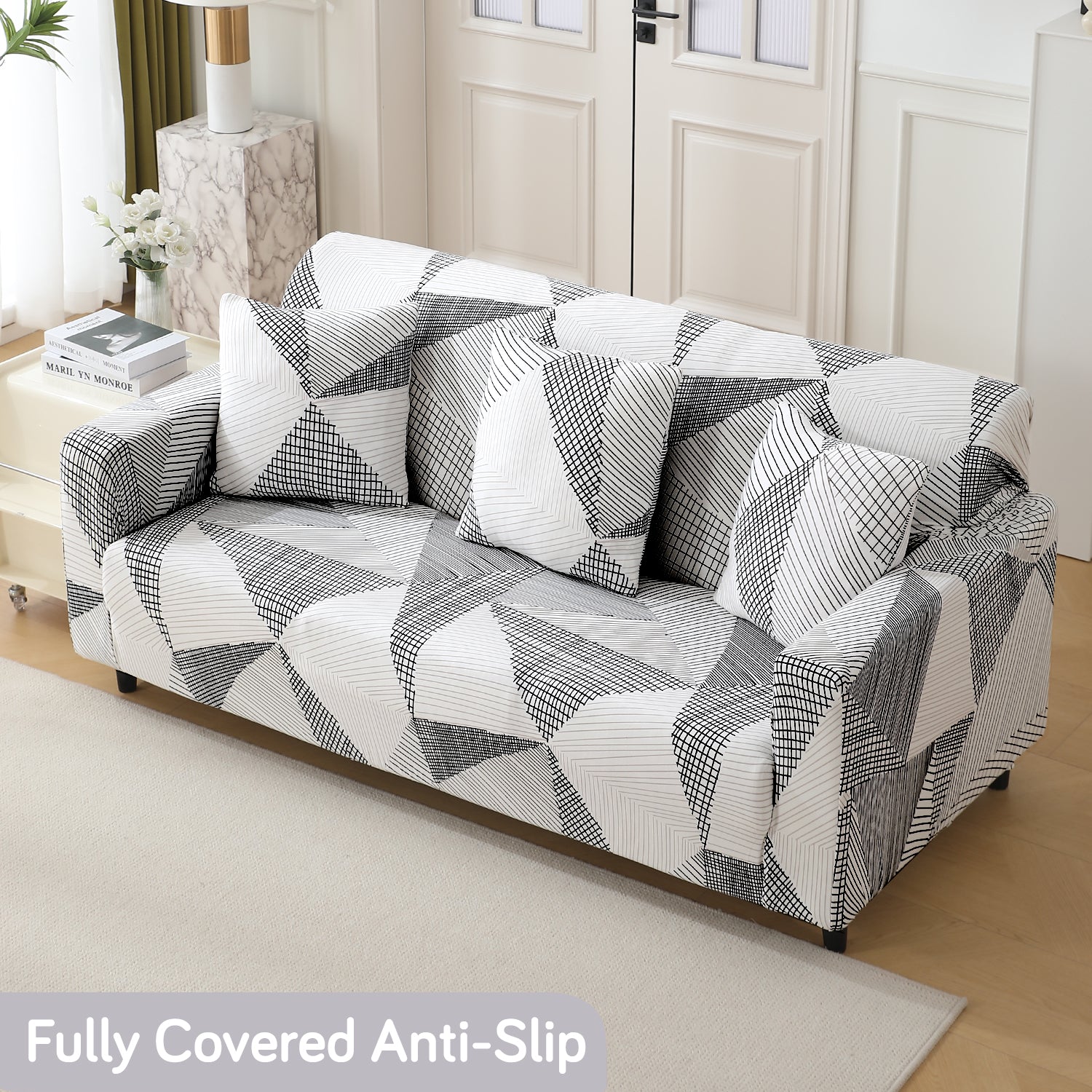 Snow White Black Geometry non slip elastic 3 seater sofa cover