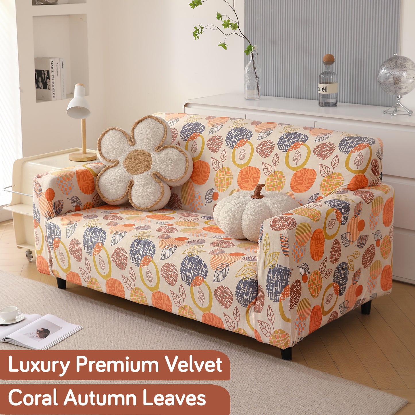Premium Printed Velvet Sofa Cover 1/2/3 Seaters Fully Covered, Coral Autumn Leaves