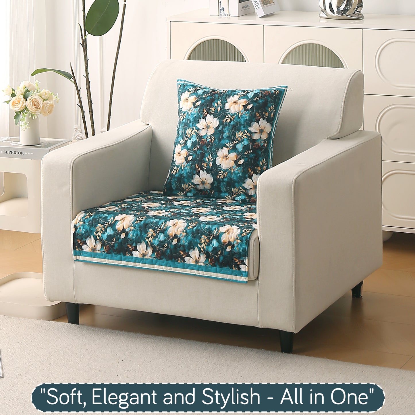 Florentina Series Printed Holland Velvet Sofa Mat - Pansies Teal