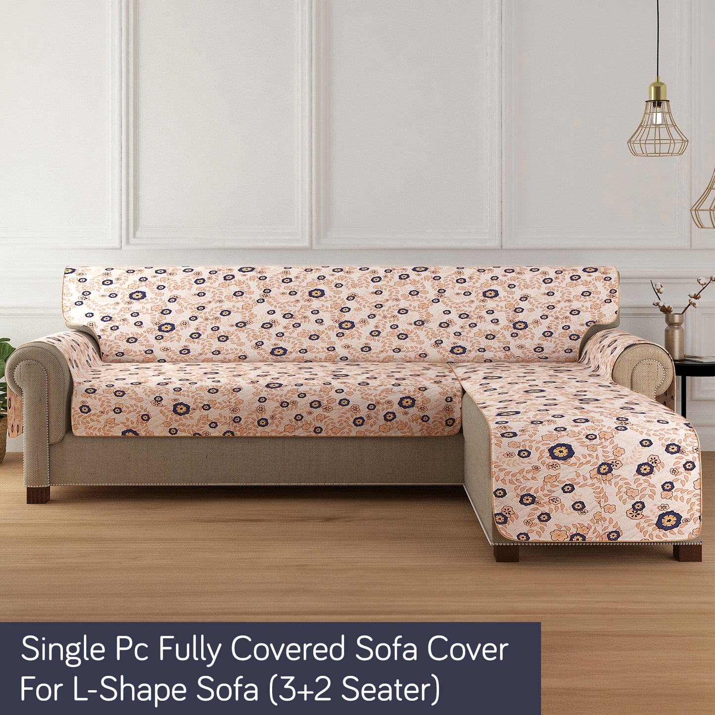 HomeHues Series Quilted Sofa Cover with Secure Fit Belt for L Shape sofa, Light Peach Candytuft